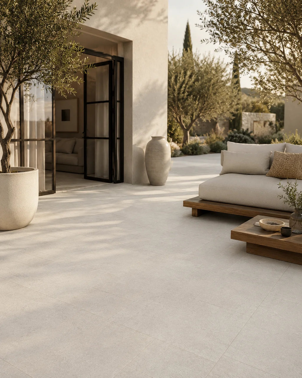 Stone-look porcelain tile for outdoor patio
