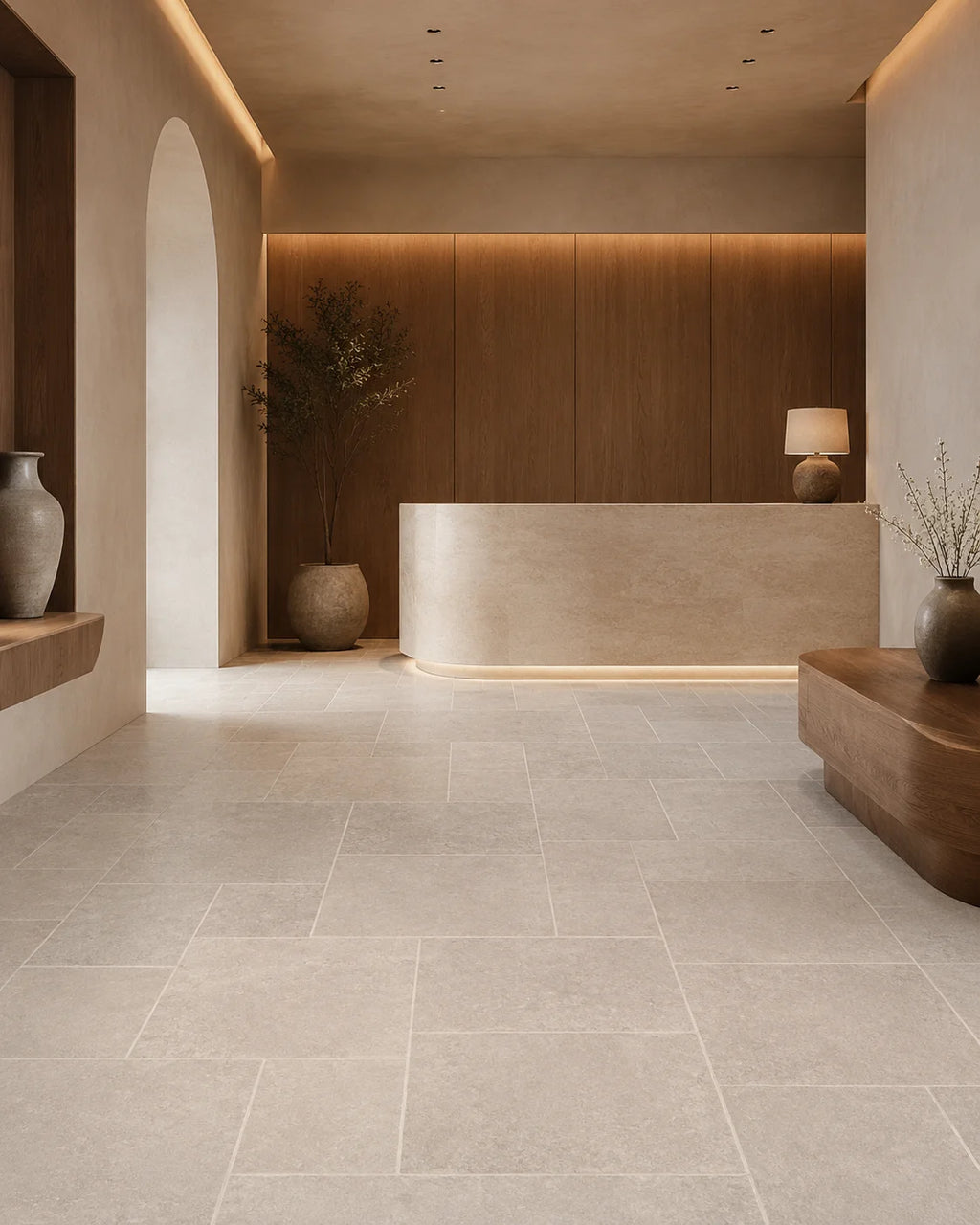 Soft neutral porcelain floor for high-end residential interior