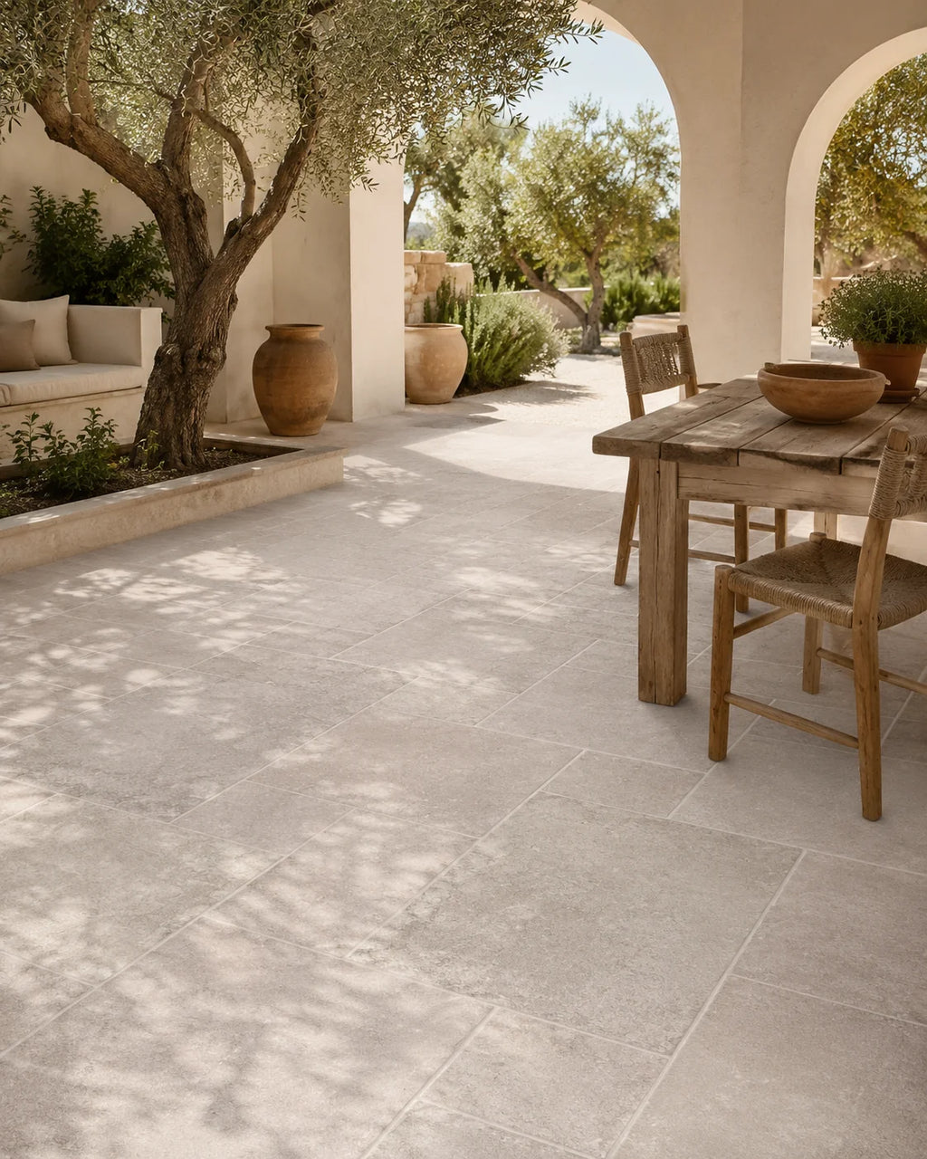 Stone-look porcelain tile for outdoor landscape patio and courtyard