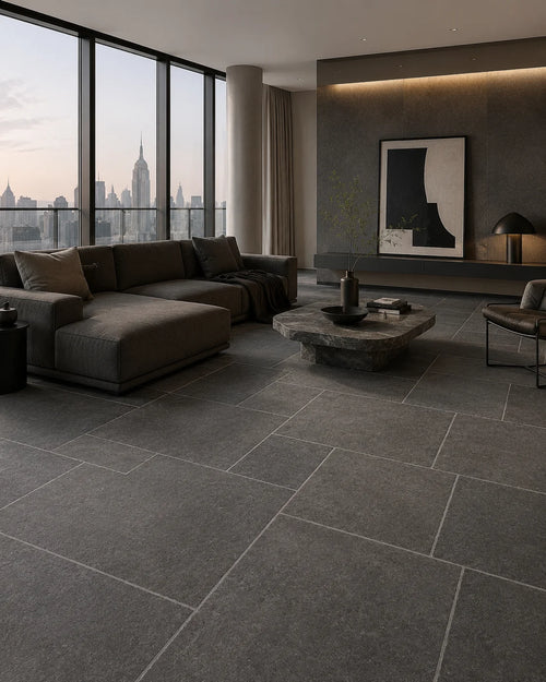 126G009 charcoal grey matte stone-look porcelain tile with modular layout