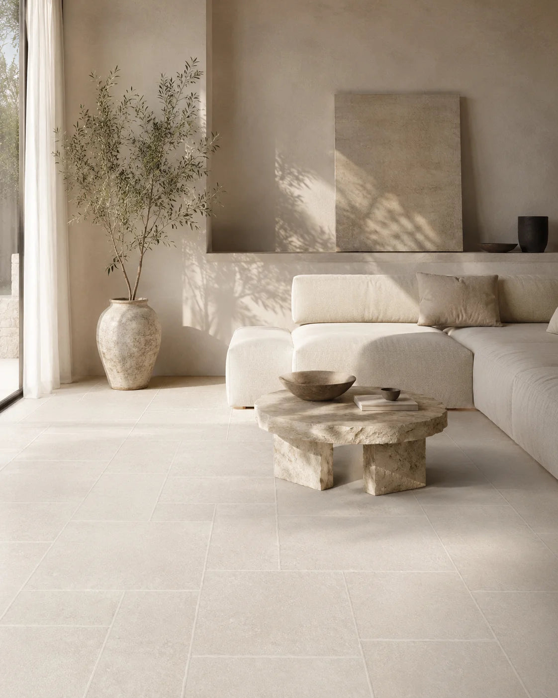 Soft beige porcelain tile for warm residential interior