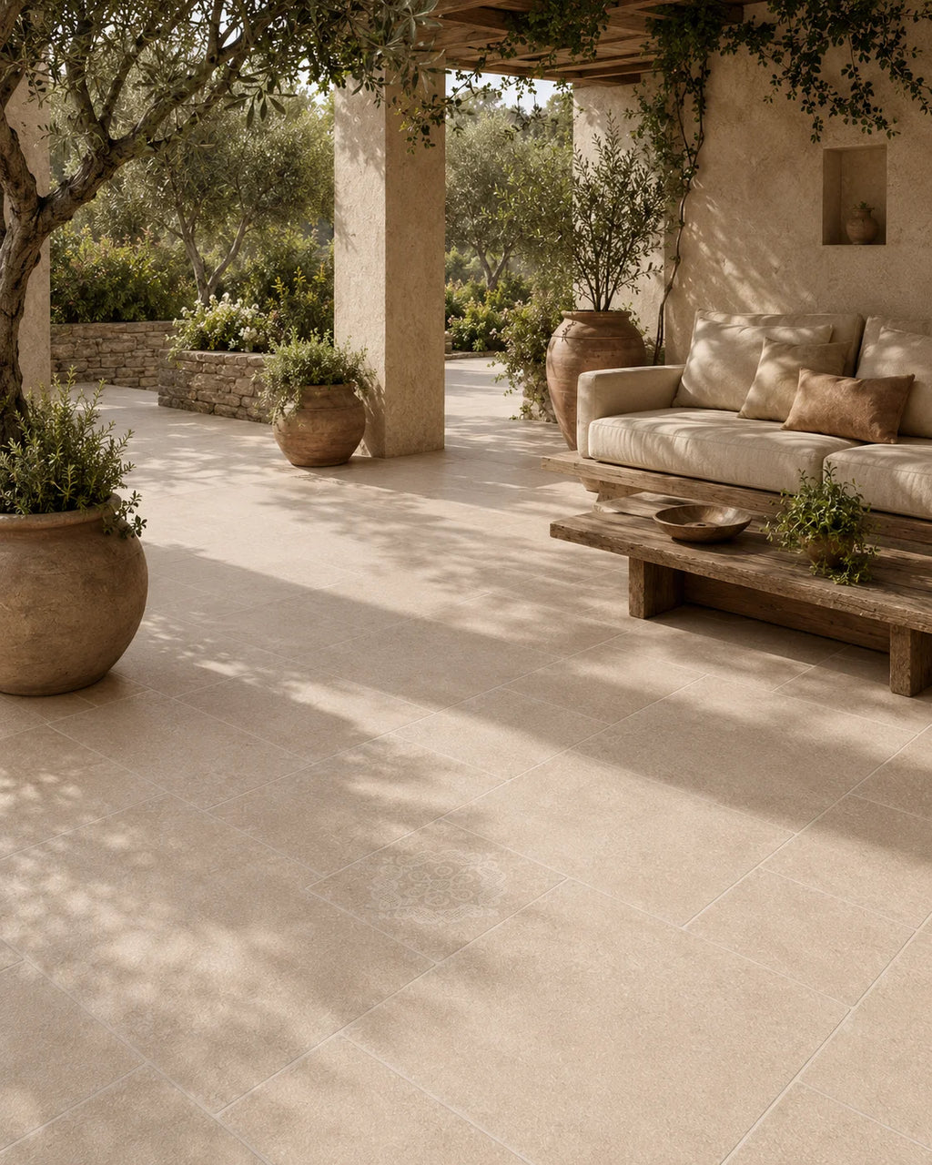 Warm stone-look tile for outdoor courtyard and patio