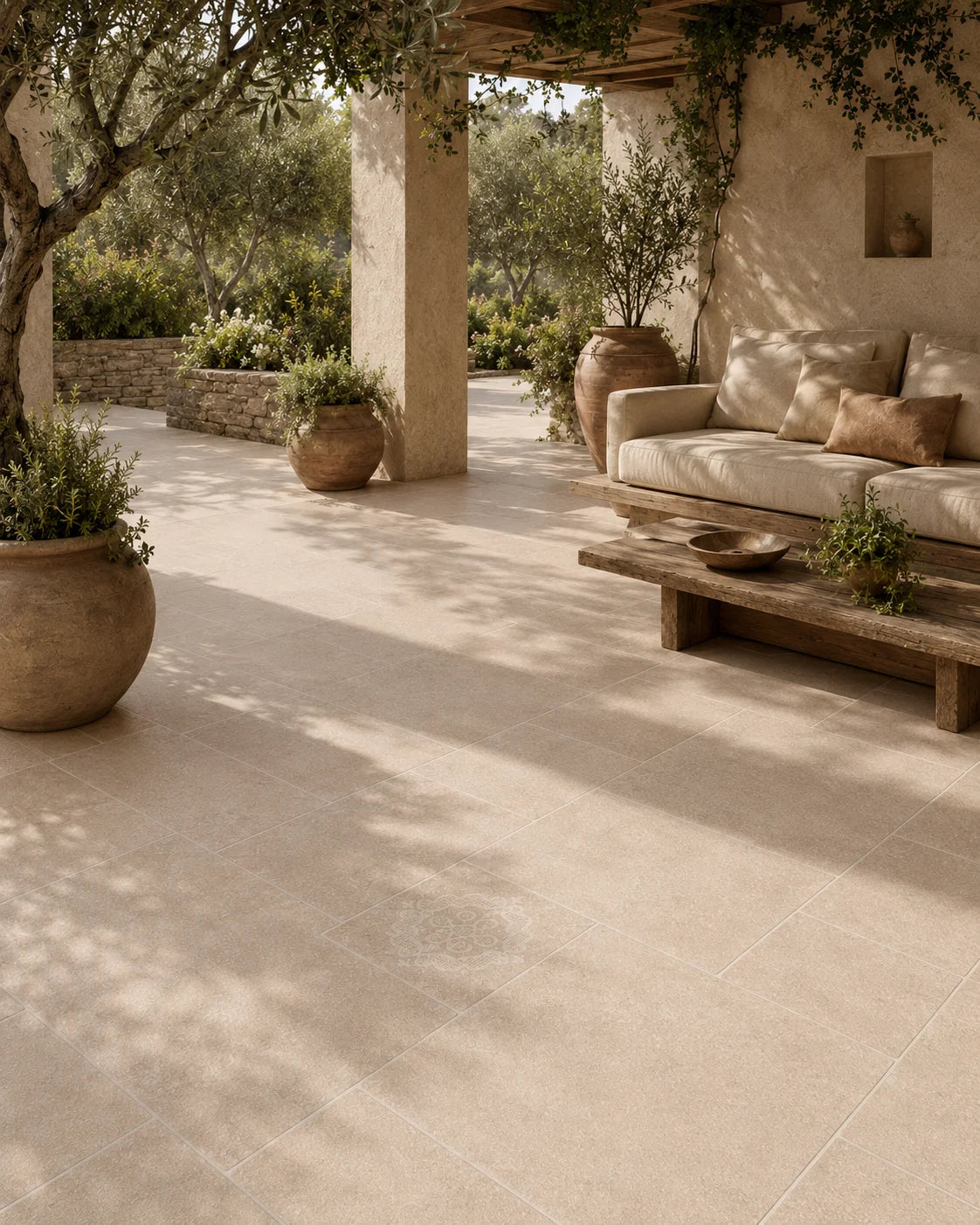 Warm stone-look tile for outdoor courtyard and patio