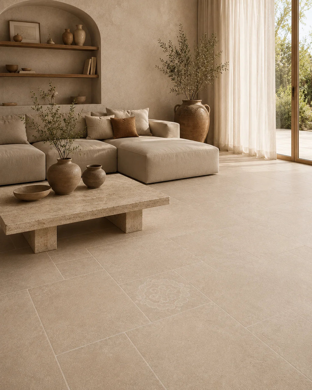 126G002 warm beige decorative stone-look porcelain tile in sunlit living room