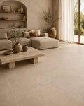 126G002 warm beige decorative stone-look porcelain tile in sunlit living room