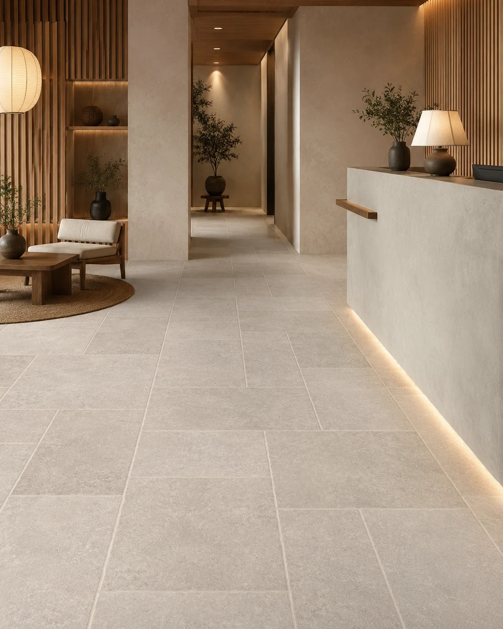 Light grey-beige tile for modern commercial lobby and reception